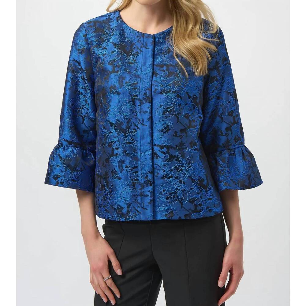 NEW JOSEPH RIBKOFF floral print 3/4 sleeves trapeze jacket in black/blue